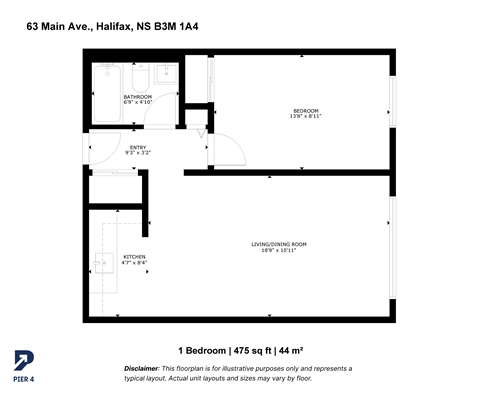 Floor plan for 1 bed, 1 bath, 475 sqft